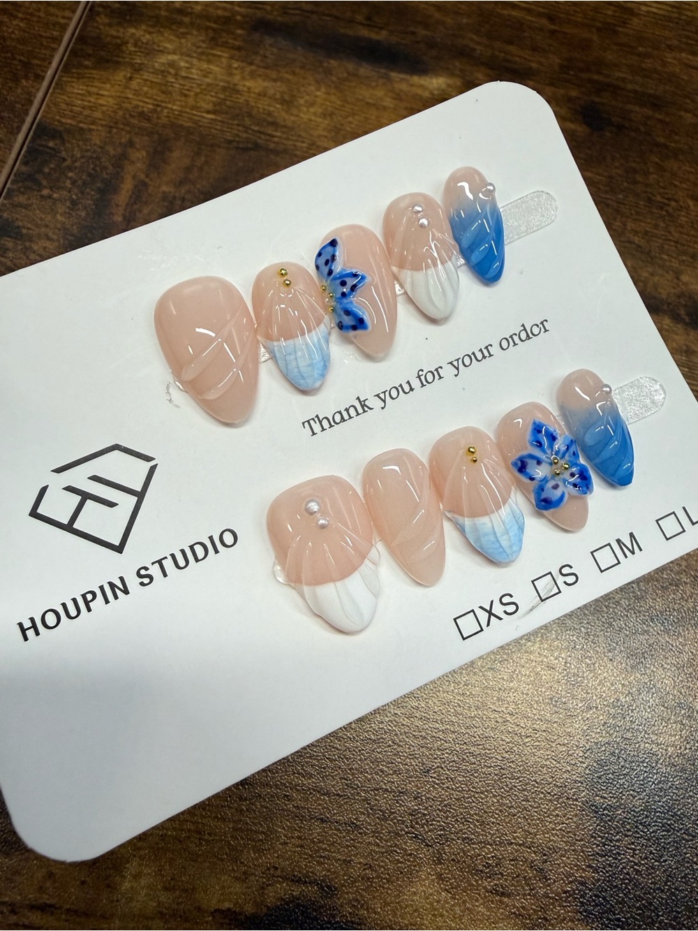 3D Short Blue Floral Press-On Nails / Small